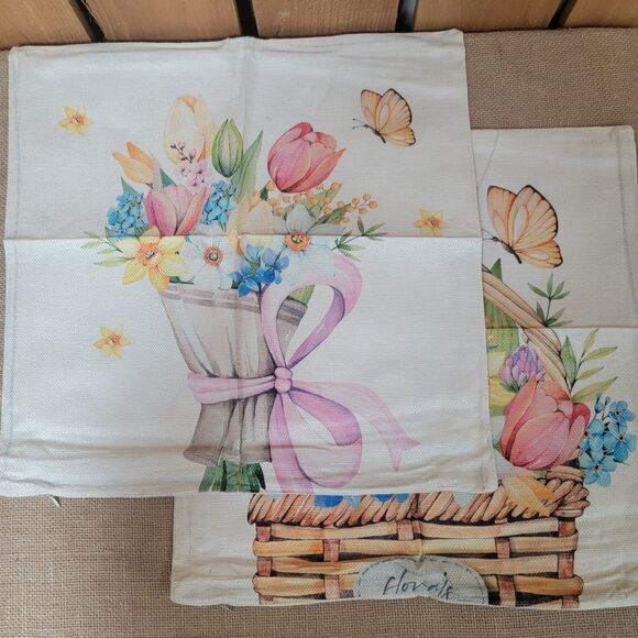 Pair of Canvas Pillow Covers Spring Flowers Basket Vase Watercolor 18x18" New - Picture 2 of 6